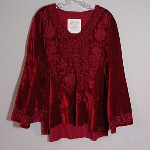 Kyla Seo Oversized Velvet Embroidered Top in Red Size XL Handmade India